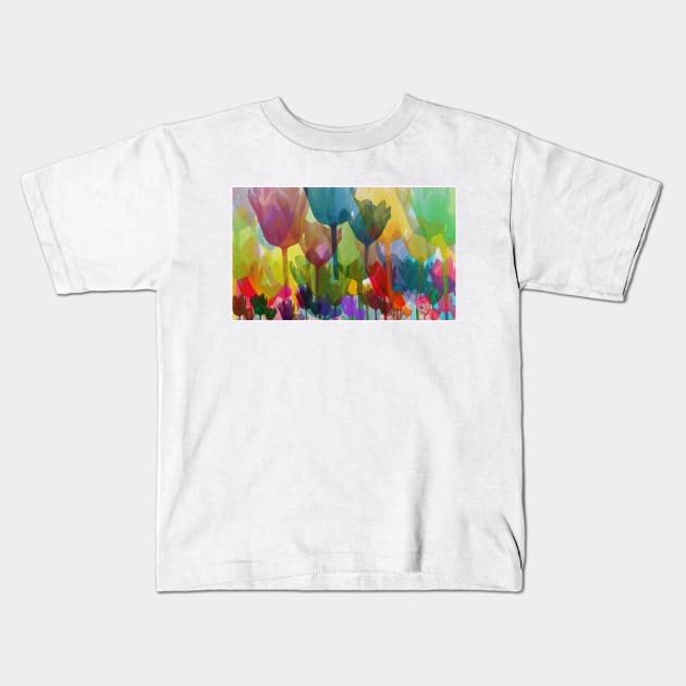 Rainbow Watercolor Tulips Kids T-Shirt by FloralPatterns